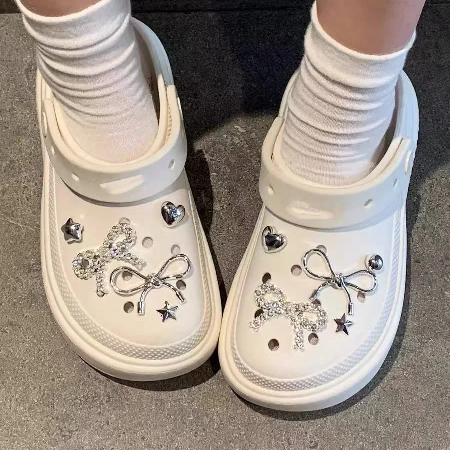Luxury Rhinestore Bowknot Clogs Accessories Summer 2026 Y2K Metal Heart Shoes Charms Set Woman's Designer Shoes Decorations image 4