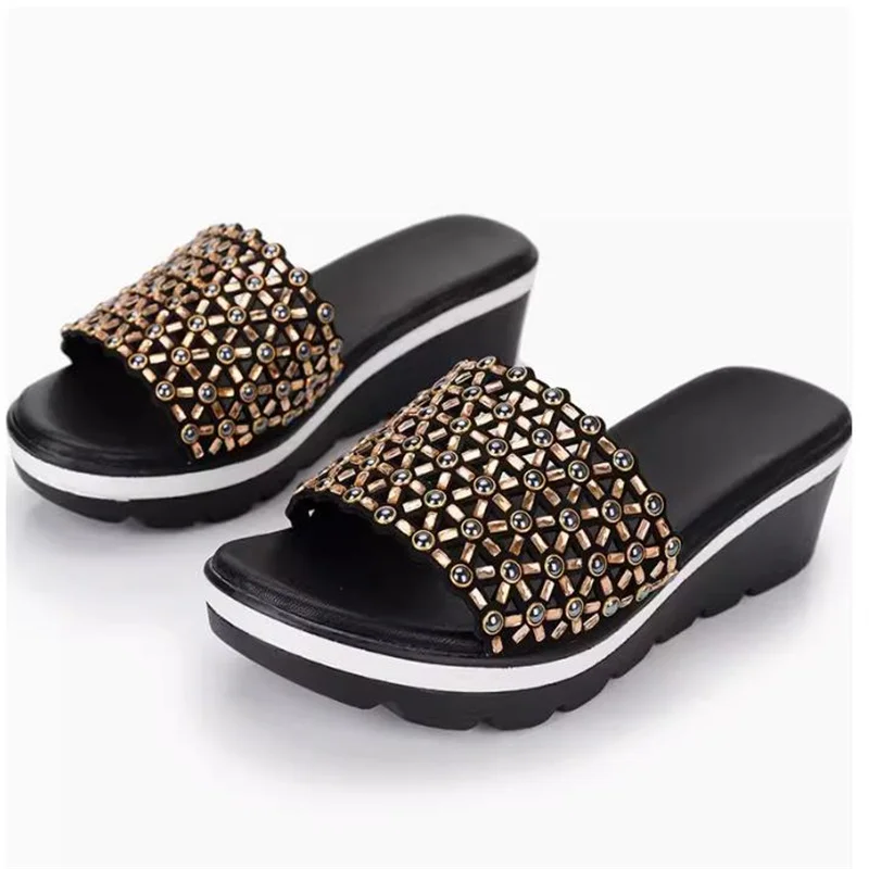 diamond Ladies Summer sandals Genuine Leather Shoes Women High Heels Fashion Wedges Summer slipper size 35--40