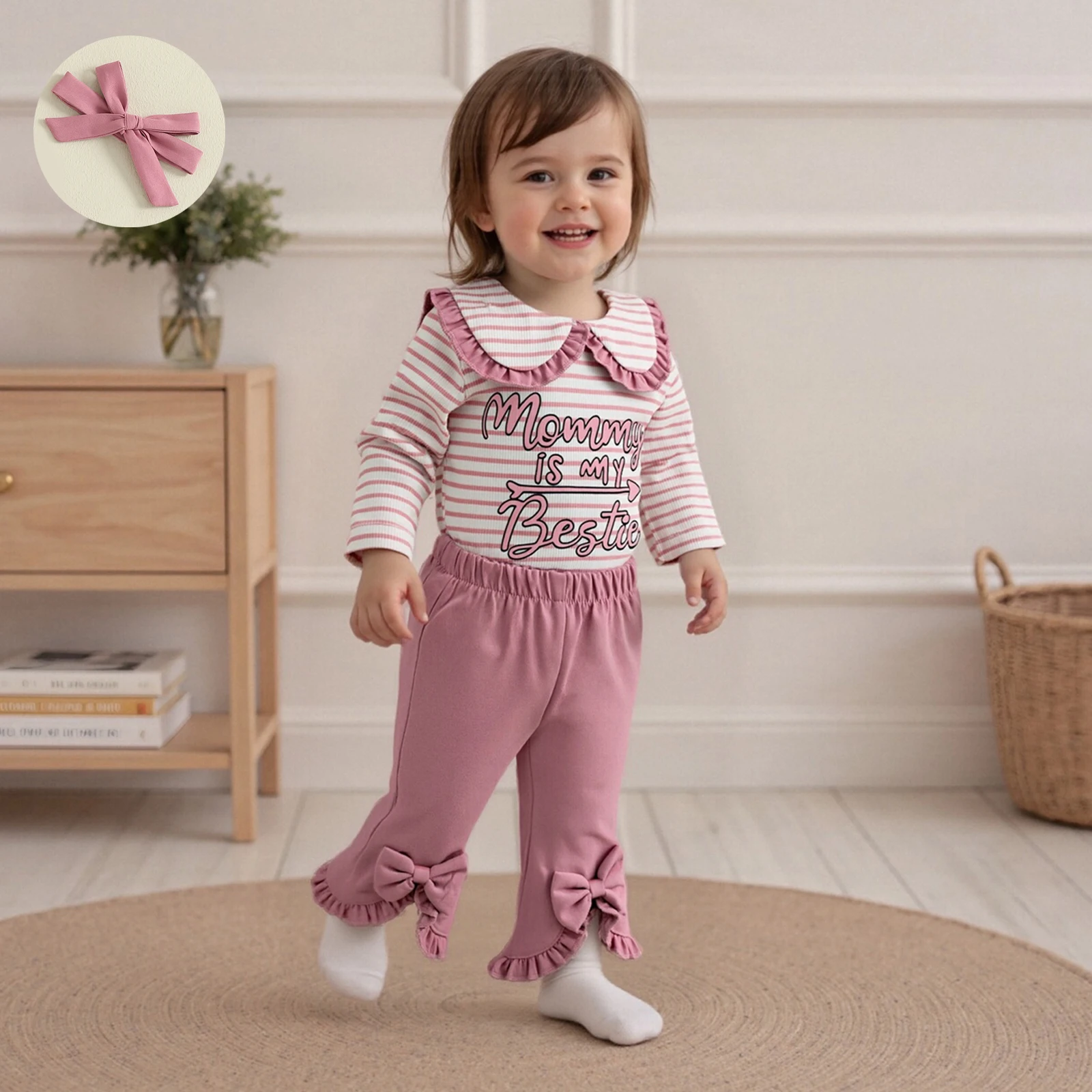 

Baby Autumn Clothing Girls 3 Piece Outfit Long Sleeve Doll Collar Letter Striped Print Jumpsuit Headband Flared Pants Set