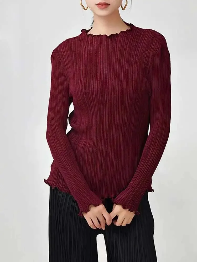 

T-shirt For Pleated Women Ruffles Collar Long Sleeves Solid Color Slim Style Female Top 2025 Spring New 2E87V