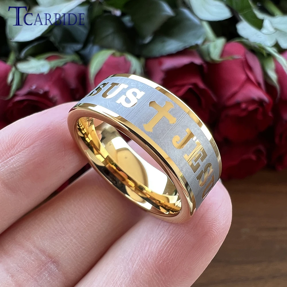 TCarbide 8mm Men's Women's Bible Cross Jesus Prayer Ring Tungsten Band Christian Jewelry High Quality Comfort Fit