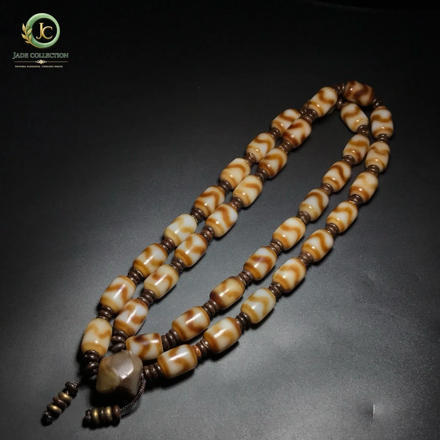 Unique Tibetan Old Agate dZi Tiger Teeth Beads Amulet Necklace J0622
