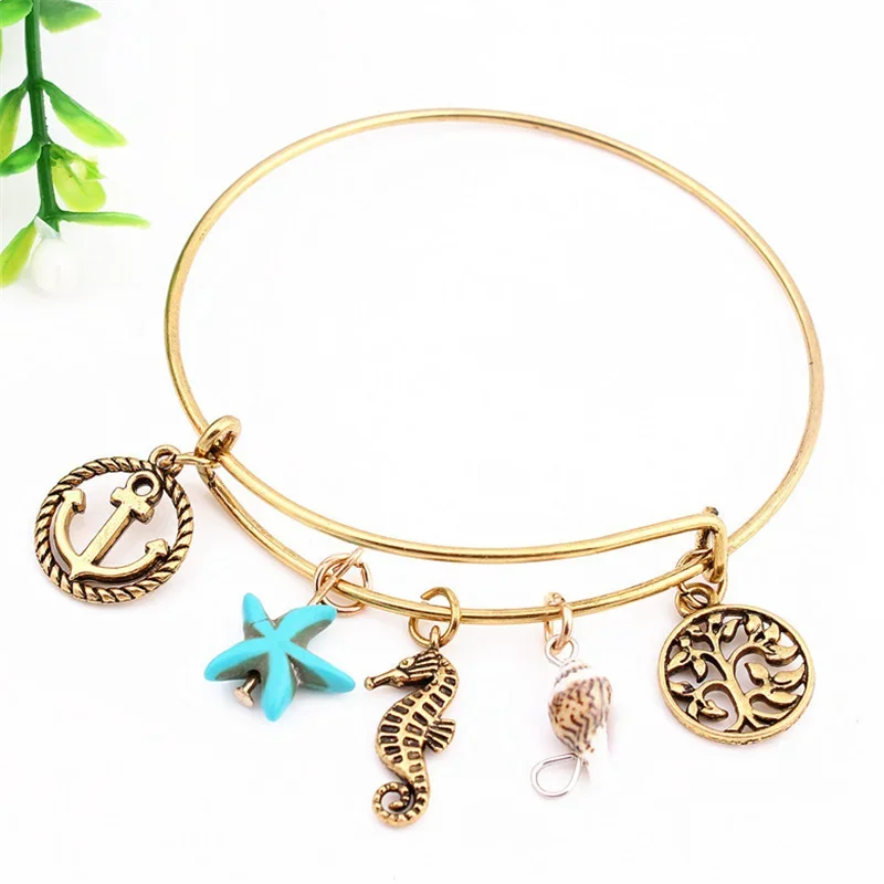 Wholesale 10pcs Seahorse Tree Of Life Boat Anchor Conch Charm Bracelet For Men Women Gold Plated Jewelry Fit Alex Bangle