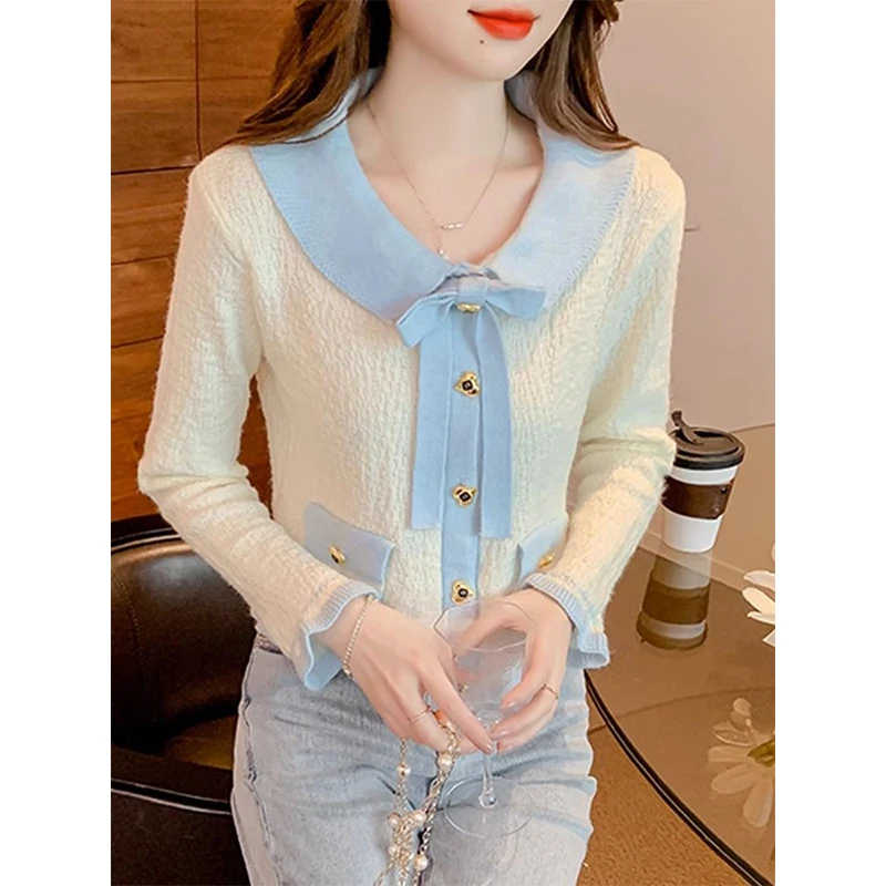 Fashion Bow Solid Color Sweater Women Autumn Simplicity Ruffles Long Sleeve Knitwear Tops Casual All-match Knitting Cardigan