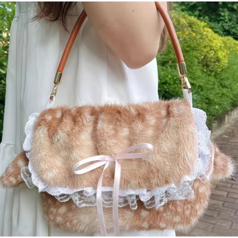 Japanische Hirsch gefleckte Band Plüsch Unterarm Umhängetasche, Mori Girl Elch flauschige Frauen Geldbörse, Winter süße Woodland Fairycore Handtasche – Detail 1