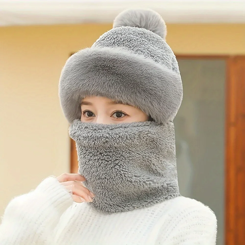 Winter Plush Scarf Set Hooded for Women Neck Warmer Russia Outdoor Ski Windproof Hat Thick Fluffy Beanies Hat Ear Protection