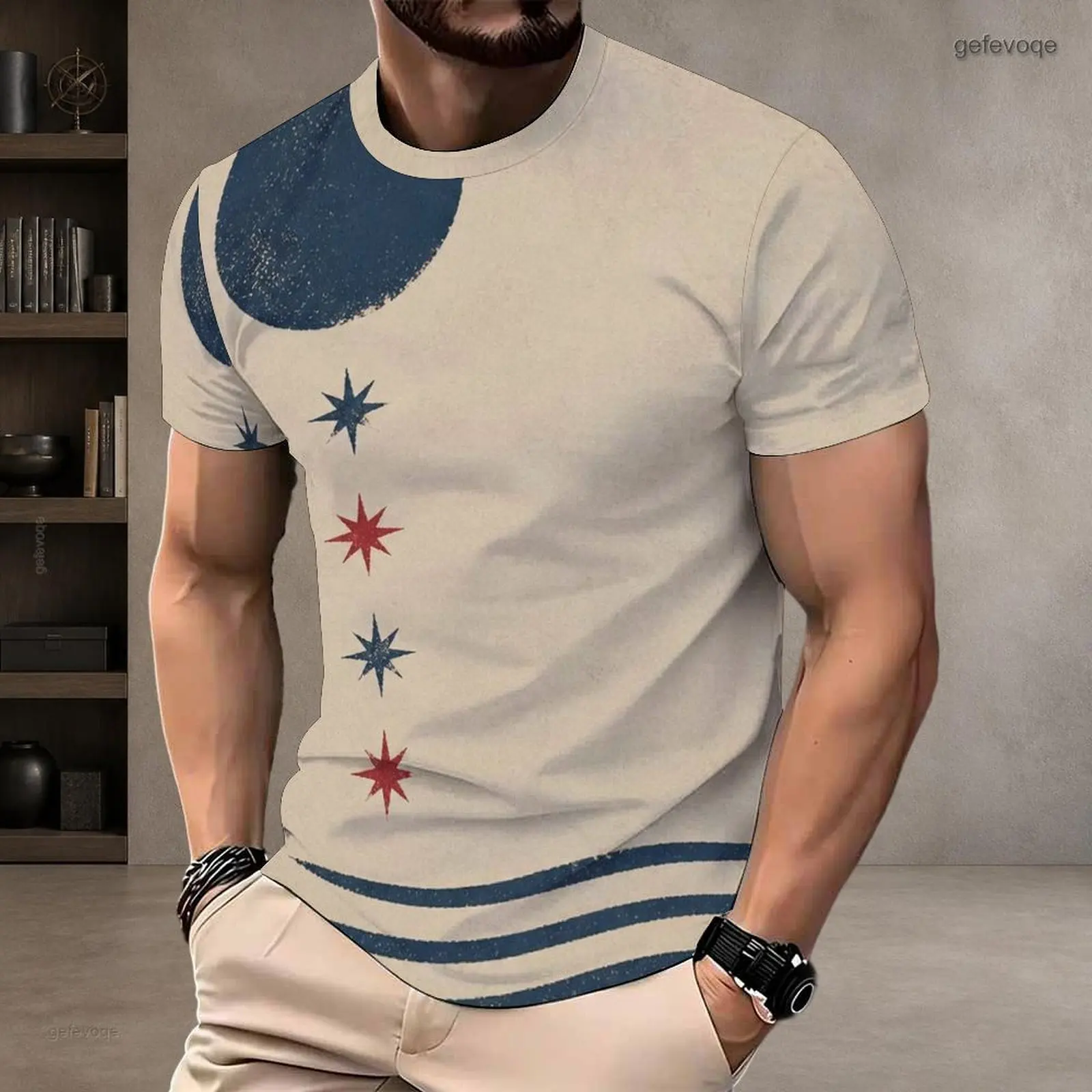 Men Round Neck Short Sleeve Printed T-Shirt, Moon Star Wavy Stripe Pattern Light Beige Blue Red