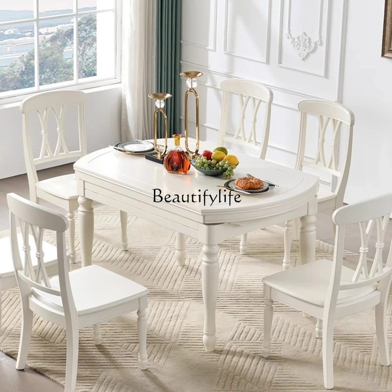 

05-American solid wood dining table white retractable folding household all solid wood dining table
