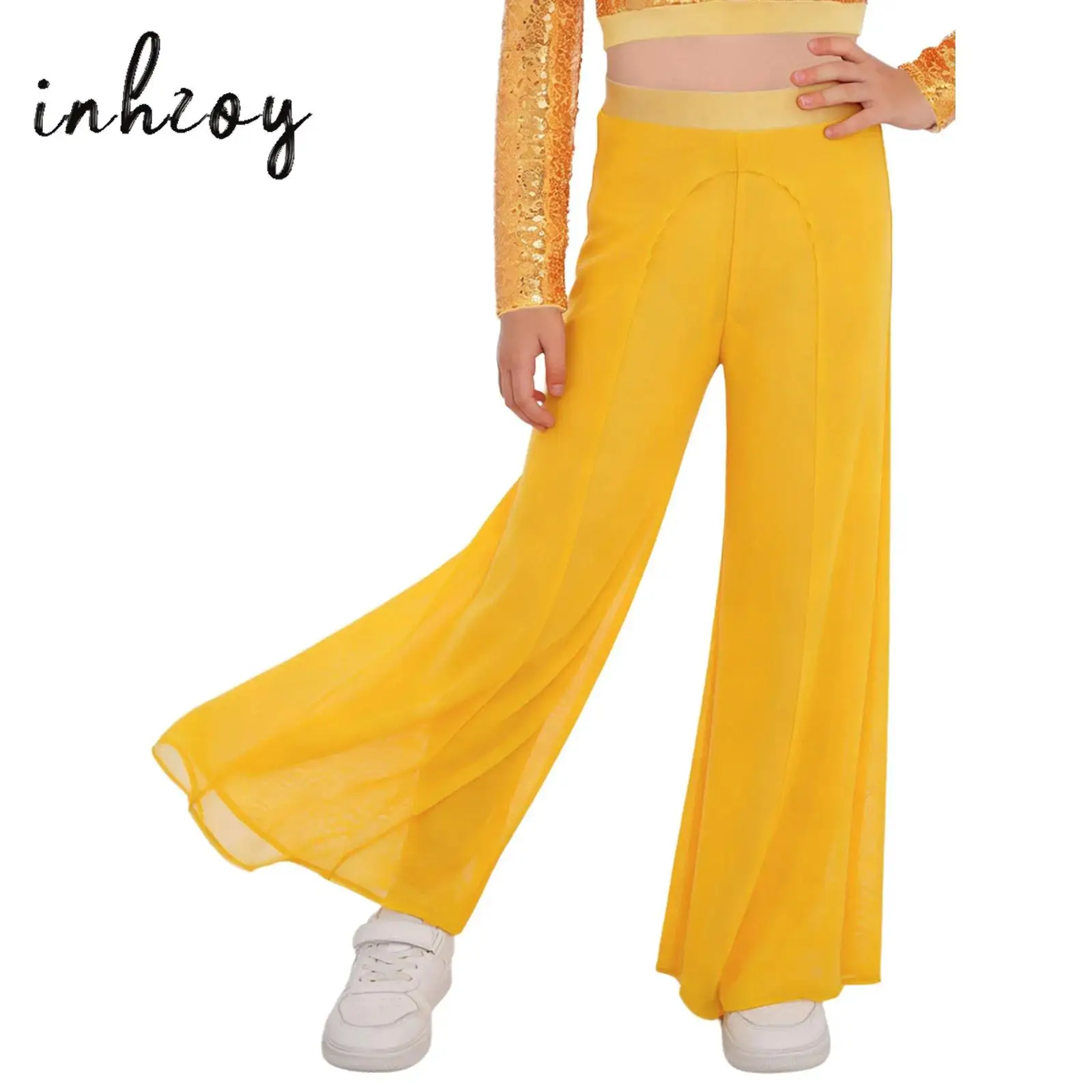 Kids Girls Lyrical Dance Pants Elastic Waistband Wide-Leg Mesh Pants with Built-in Briefs for Modern Performance Competition