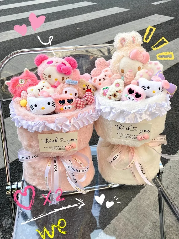 Sanrio Hello Kitty Plush Doll Bouquet Flowers Anime Cartoon Soft Fashion Plush Flower Room Decoration Girl Child Holiday Gifts