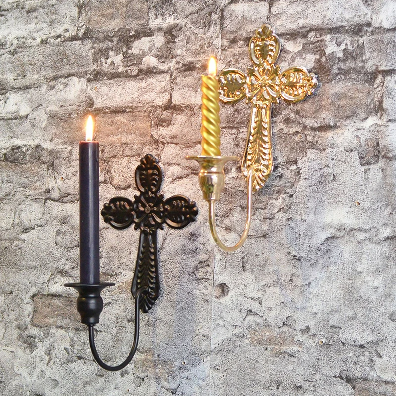 PEANDIM Metal Cross Candle Holder Easter Church Wall Mounted Candle Stand Outdoor Wall Hanging Lamp Scented Candle Decor