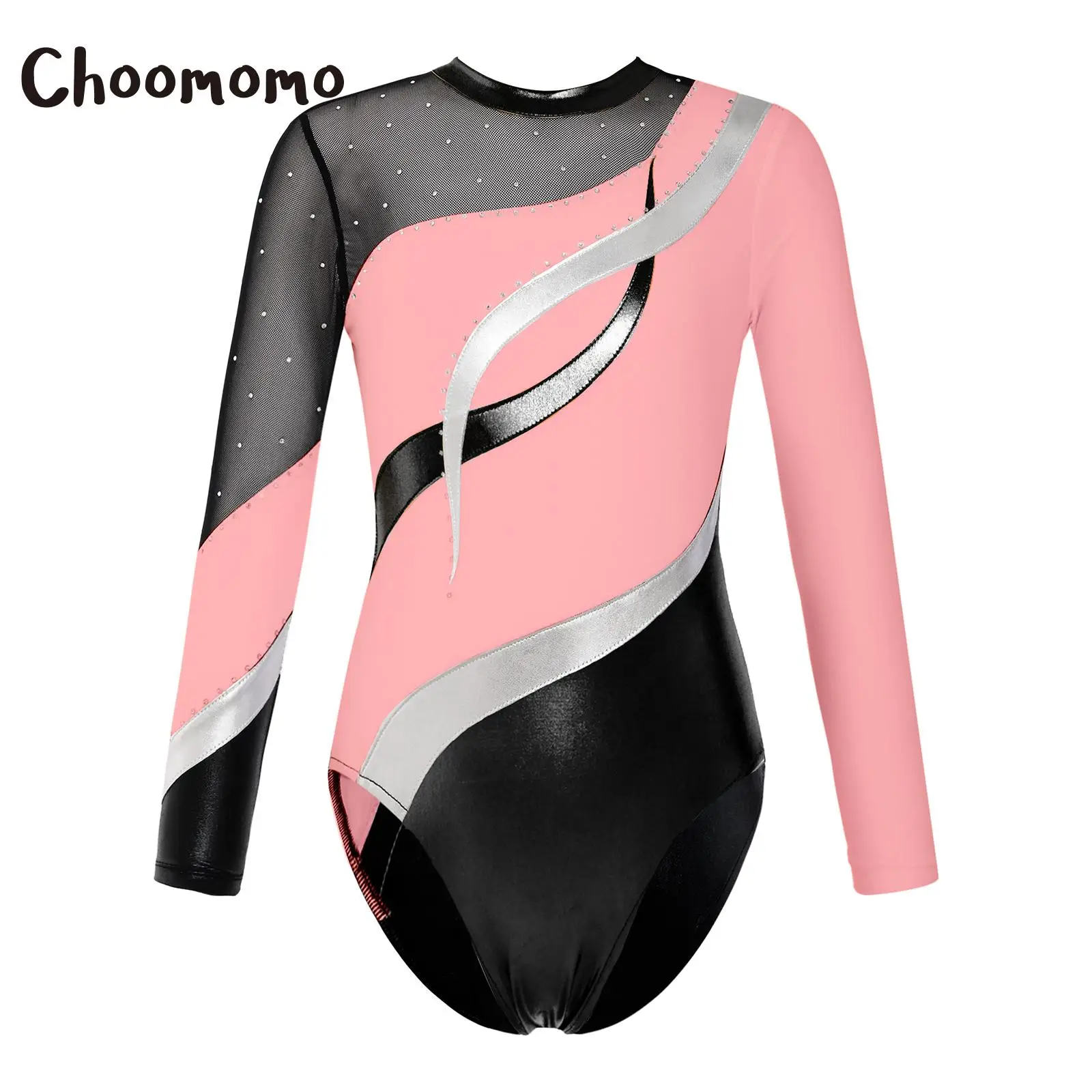 

Kids Girls Long Sleeve Hollow Back Ballet Performance Leotard Shiny Rhinestone Gymnastics Jumpsuit Figure Ice Skating Bodysuit