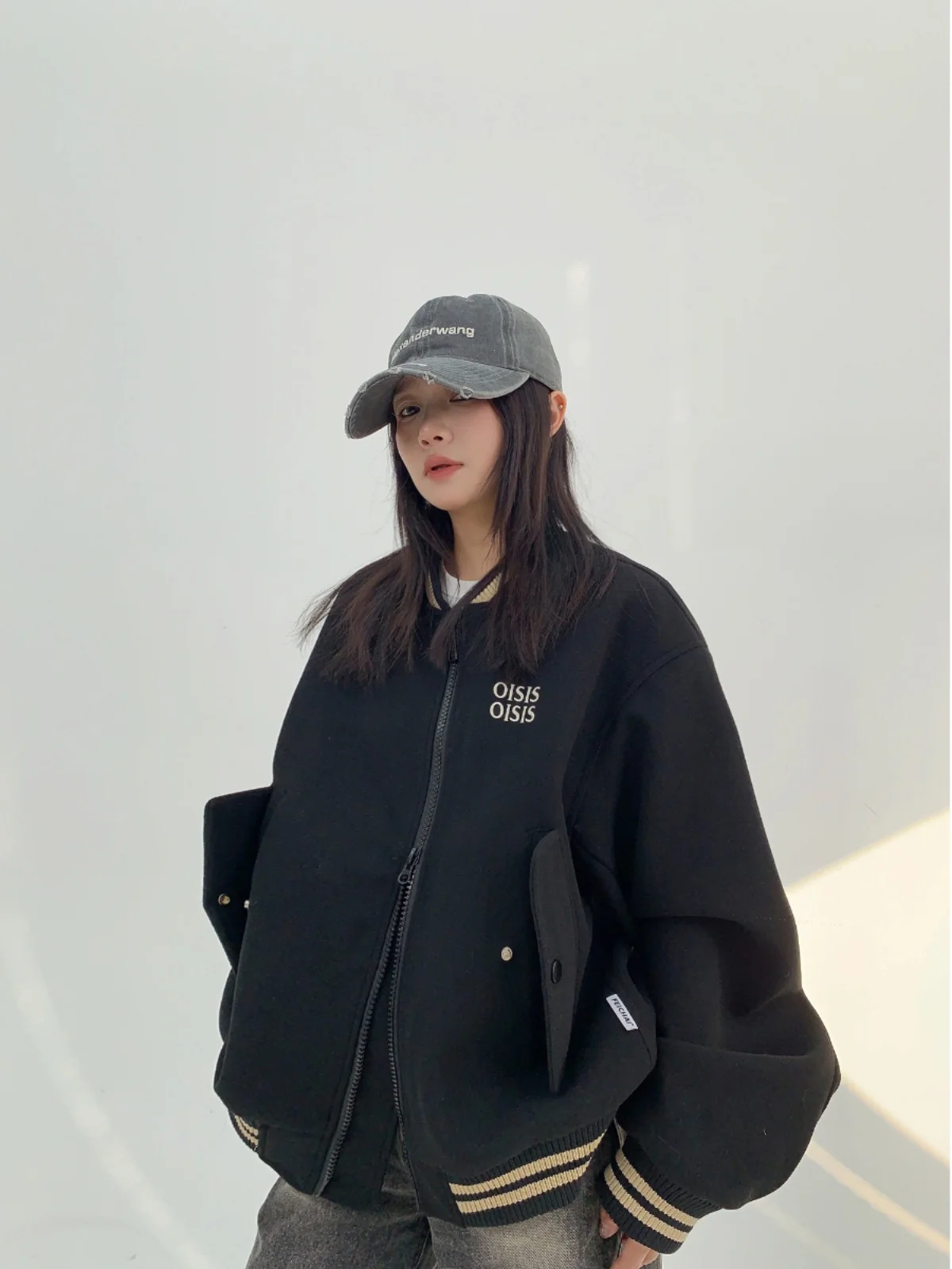 

Retro Embroidered Woolen Baseball Jaet Women's Loose Fit ort Coat Chic American High-End Feel Casual Sle Polyester Fiber