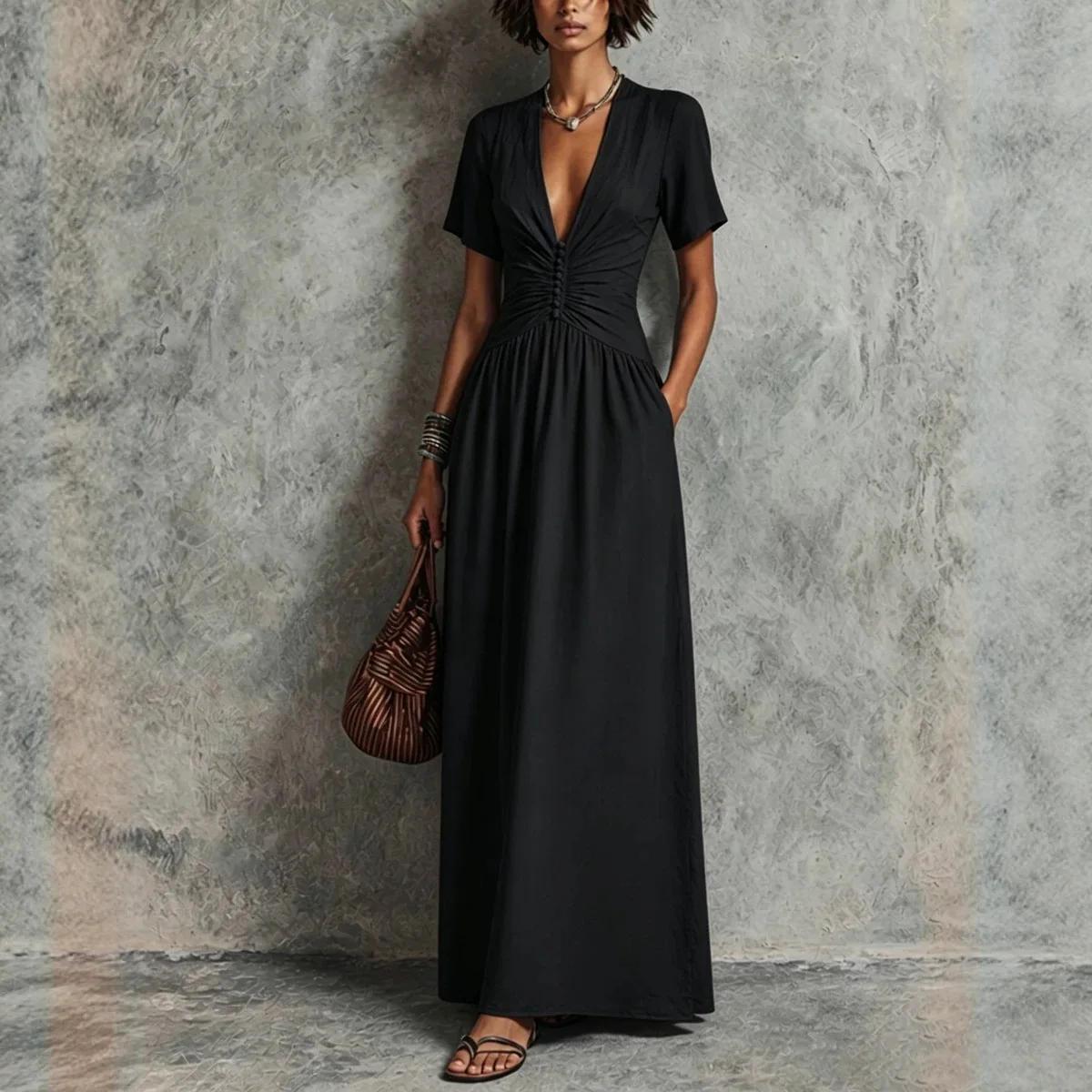 Elegant Button Pocket Pleated Long Dress Maxi Dresses Spring Summer Casual Matching Set