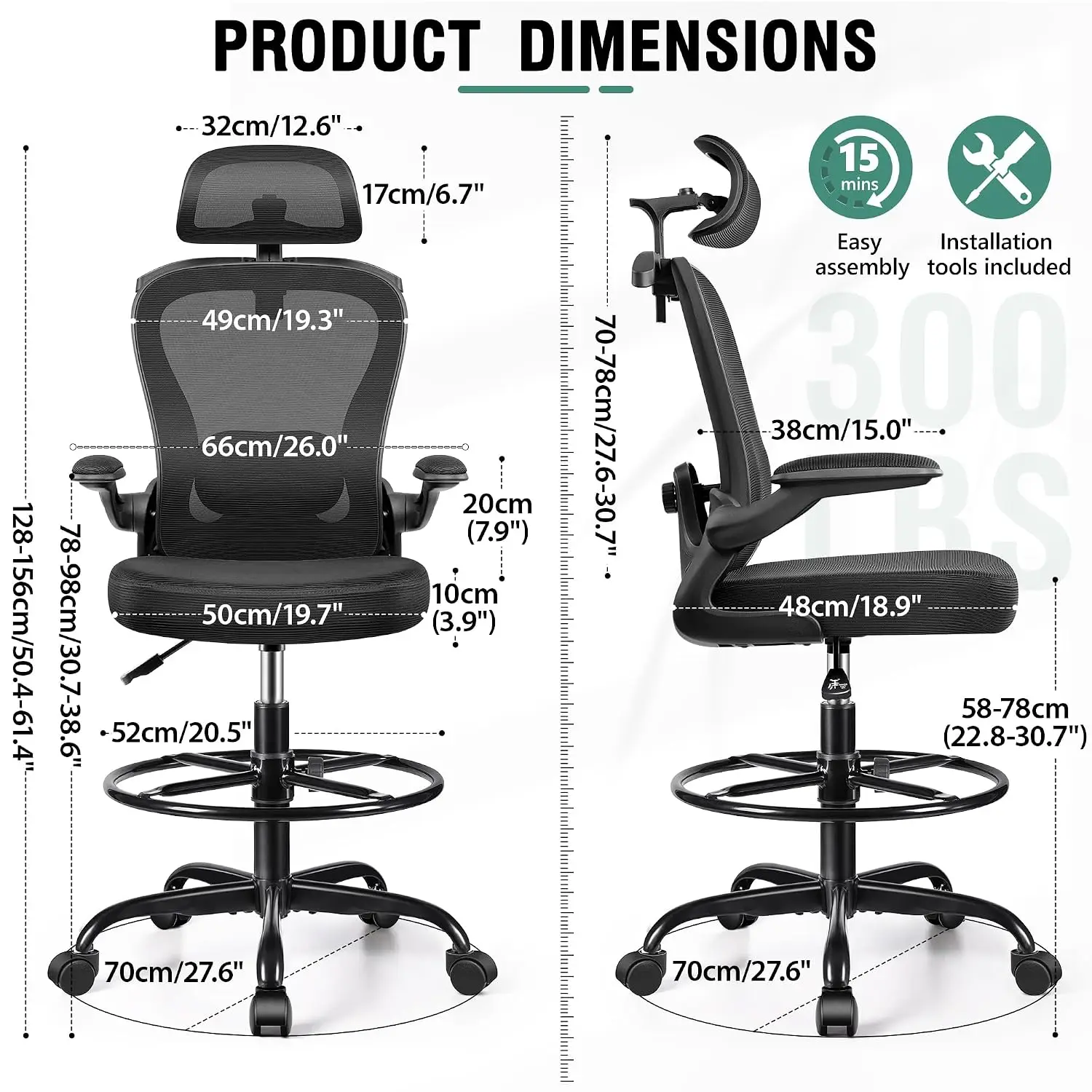 Tall Drafting Chair with 3D Lumbar & Head Support, Ergonomic Standing Desk Stool for Studio Workshop, Customized