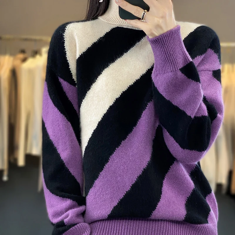 High apel Cashmere Sweater ForWomen 100% Pure Wool Thick Winter   Diagonal  Stripe Fashion  Warm Pullover 2023 New