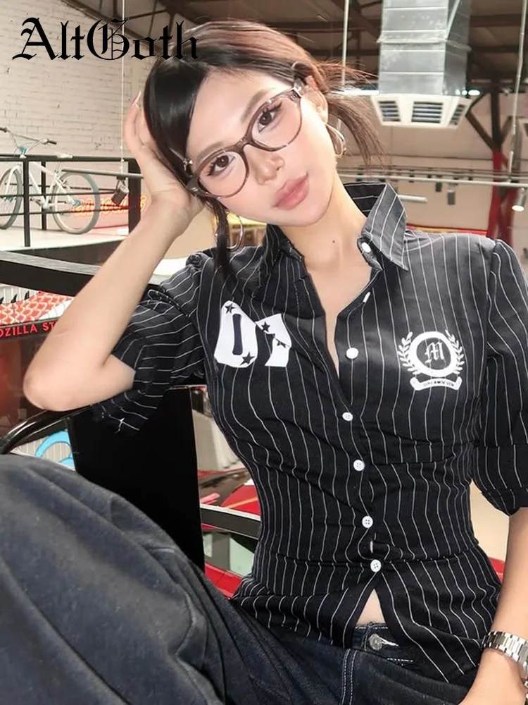 

AltGoth Y2k Hotsweet Vintage Striped Shirt Women American Streetwear Grunge Letters Printed Long Sleeve Shirt Rave Indie Clothes