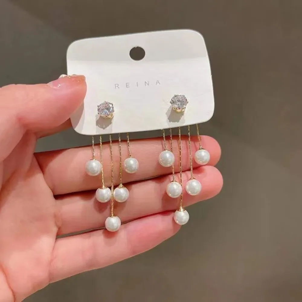 New Exquisite Pearl Tassel Earrings Luxury Gold Zircon Pearl Earrings Rhinestone Diamond Pendant Earrings Gifts