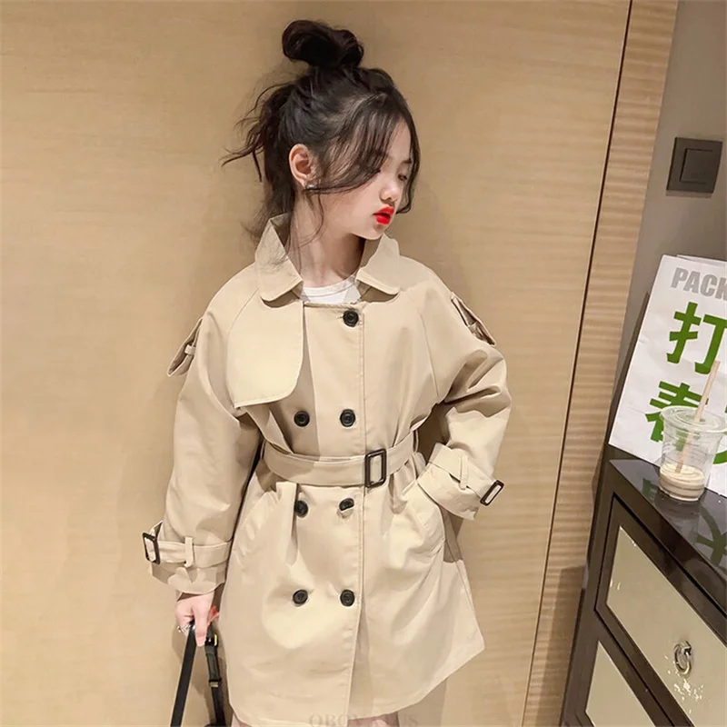 Fashion Girls Autumn Windbreaker Trench Coat with Waistbands Kids Children High Street Long Jacket Outfit Khaki Overcoat 5-14 Y