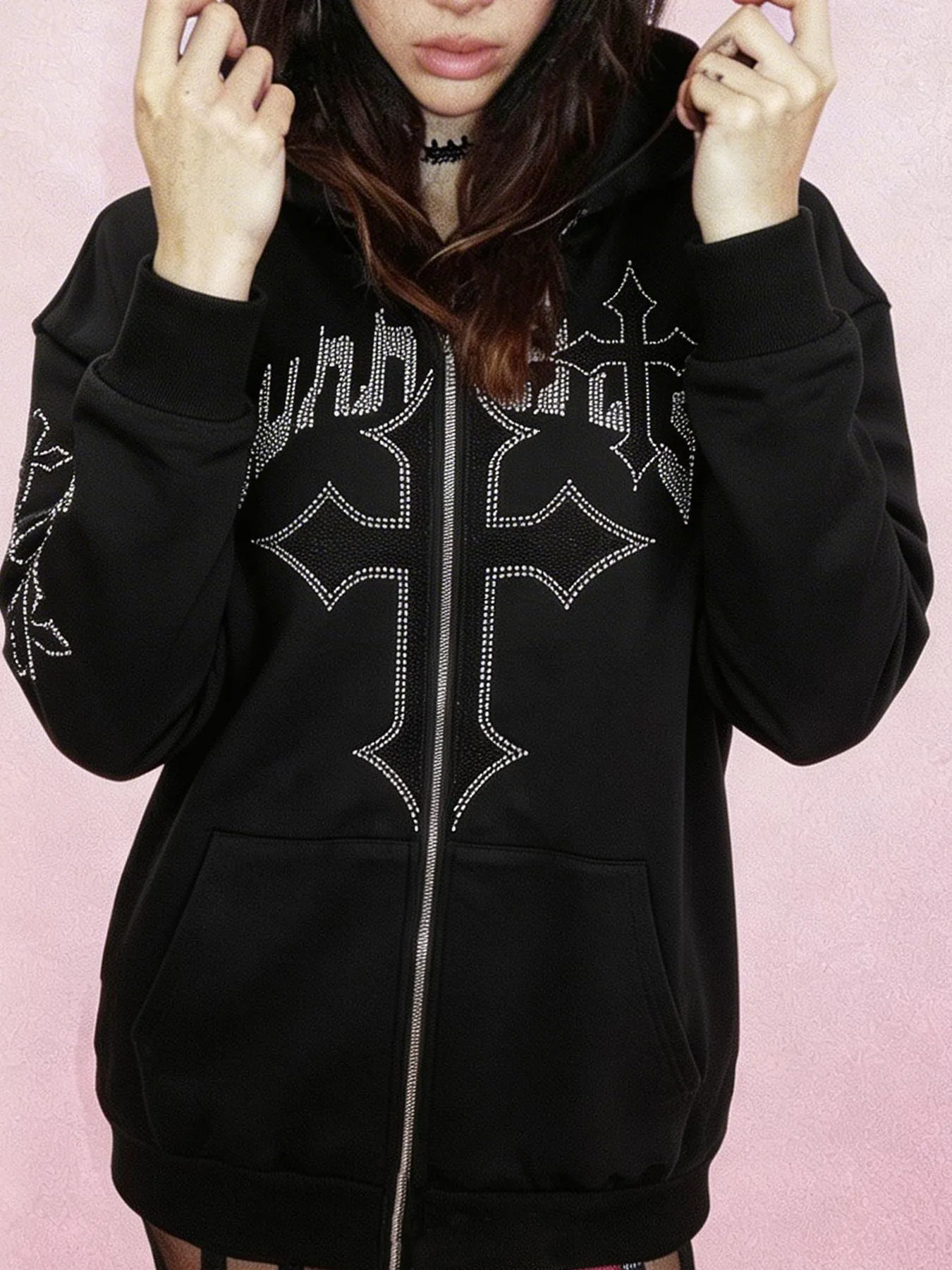 INS Street Tide Gothic Long Sleeve Sweatshirt Ladies Casual Loose Top Y2K Fashion Hoodie Rhinestone Letter Cross pattern Hoodie