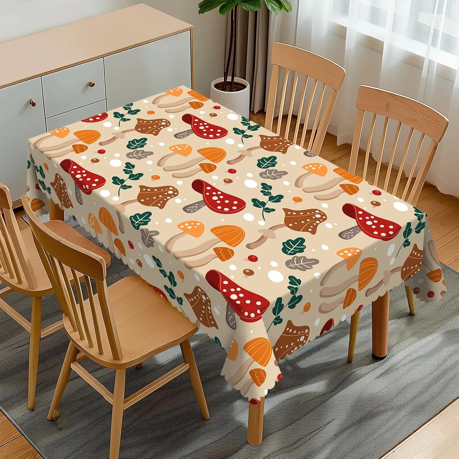Mushroom Woodland Tablecloth for Dining Room, Cute Autumn Nature Pattern Table Cover Linen, Rustic Cottagecore Picnic Style Wash