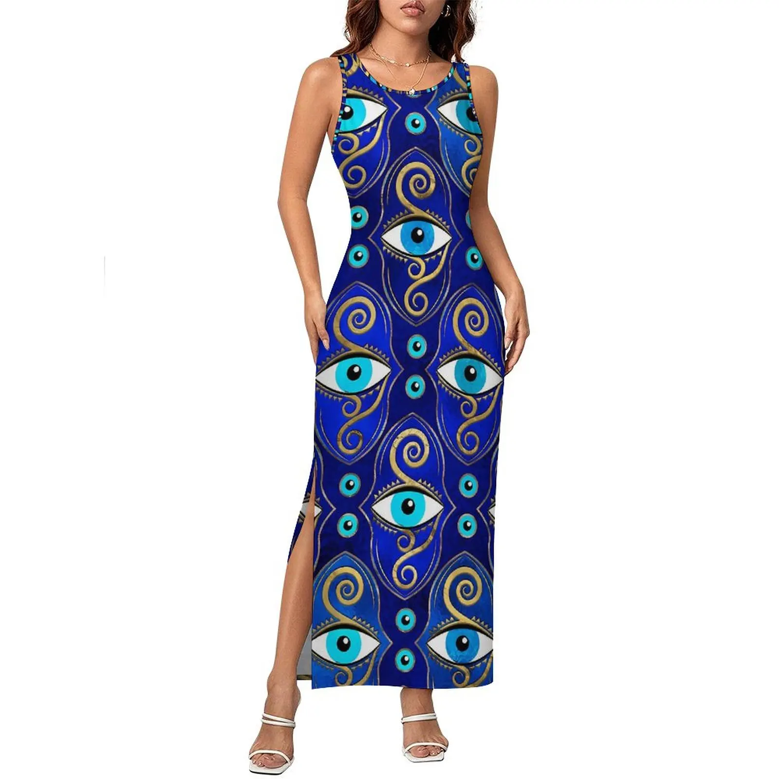 Evil Eye Charm Dress Sleeveless Abstract Eyes Street Wear Maxi Dresses Vintage Bodycon Dress Women Graphic Oversized Clothing