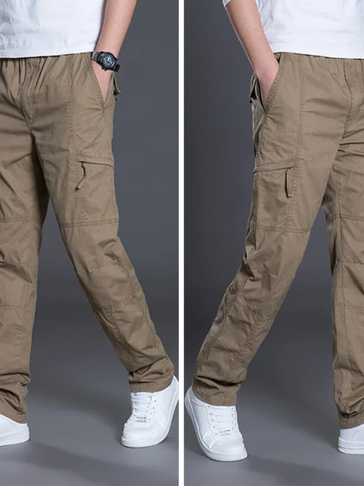 남성용 스트레이트 바지 카고 롱 팬츠 캐주얼 루즈 레귤러 하이 엘라스틱 웨이스트 솔리드 스플라이스 심플 팬츠 가을 겨울 2025 신상