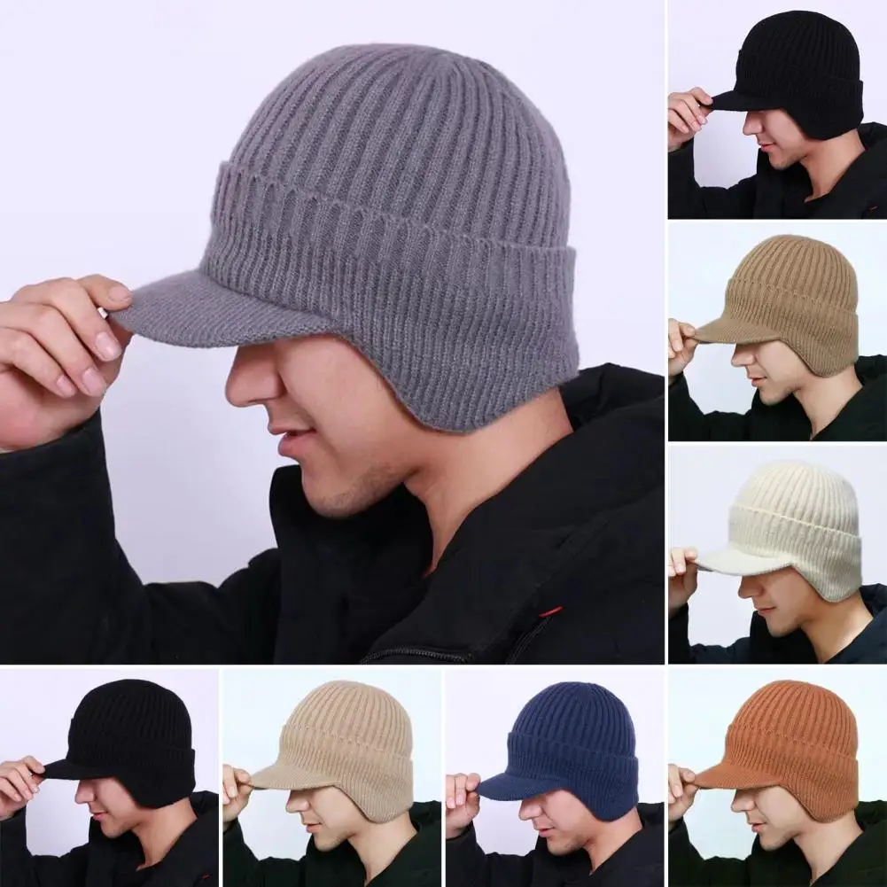 Men Winter Knitted Peaked Hat with Earmuffs Windproof Warm Hat Outdoor Cycling Baseball Hat Knitted Newsboy Cap Ear Protection