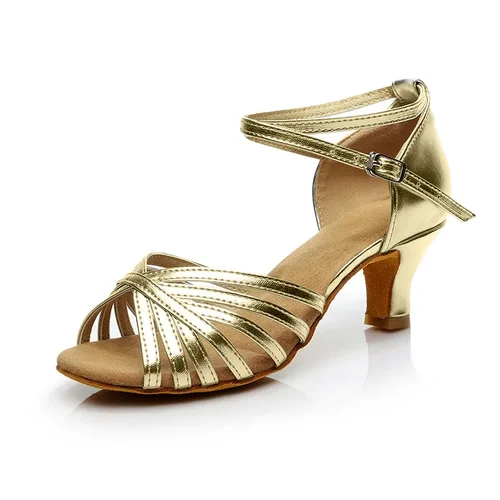 Imagen 2 del producto Zapatos de baile de Salsa para mujer, zapatos de baile latino para niñas, tacones de PU dorados y plateados, zapatos de baile suaves de 5/7cm, zapatos de rendimiento para mujer