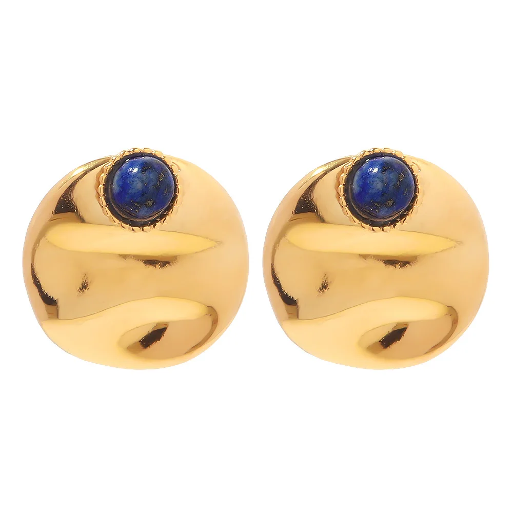 Yoiumit New 18K Gold-plated Round Inlaid Lapis Lazuli Earrings Geometric Advanced Fashion Joker Earrings Jewelry for Women