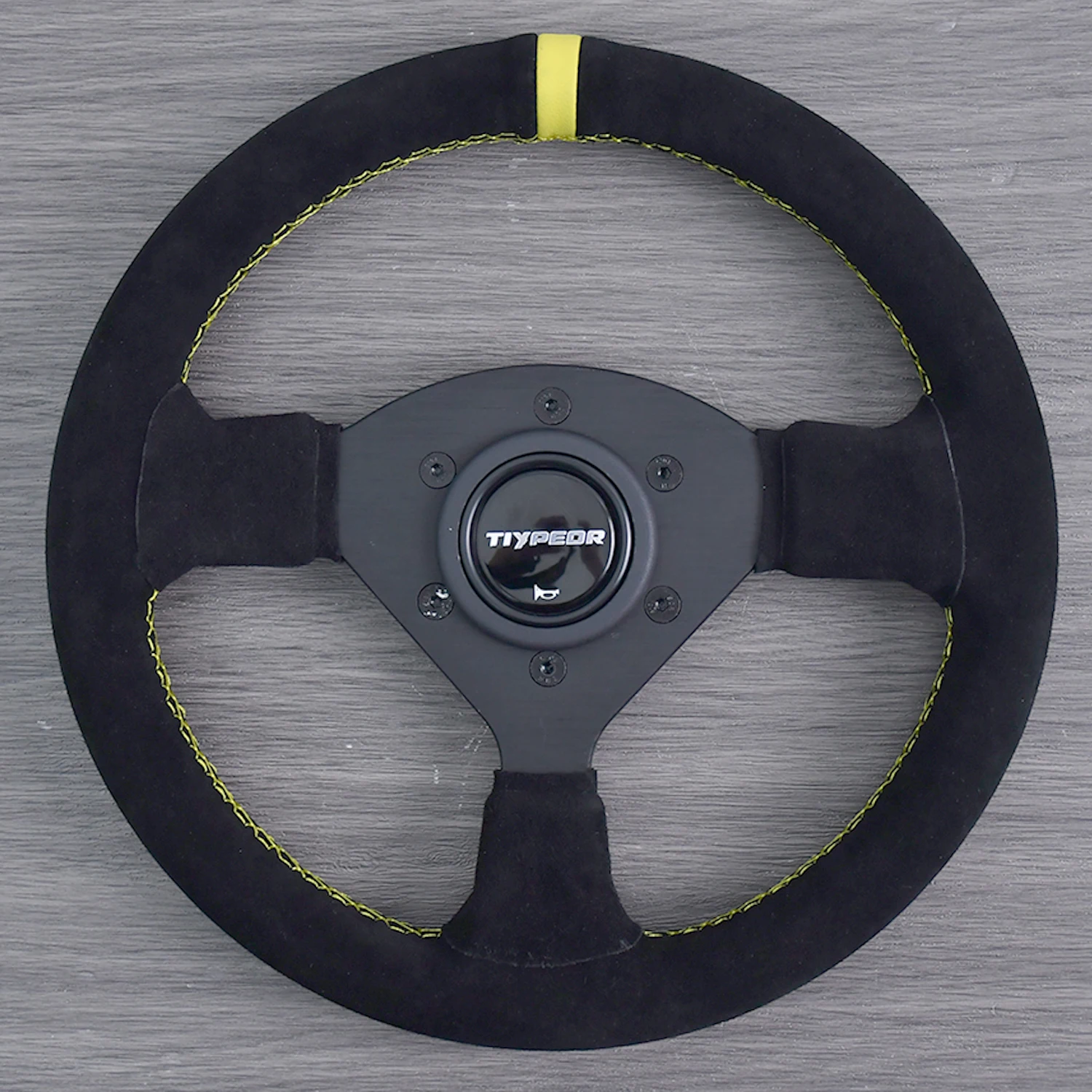 TIYPEOR 270mm Black Suede Kart Steering Wheel 3 Spoke Yellow Stitching 35mm Deep Dish Universal Drift Sim Racing Steering Wheel