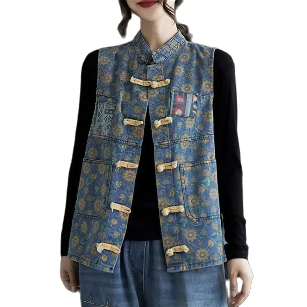 2024 Spring Summer Sleeveless Coat Outerwear Spliced All-Match Design Female Gilet Jean Waistcoat Vintage Style Women Denim Vest