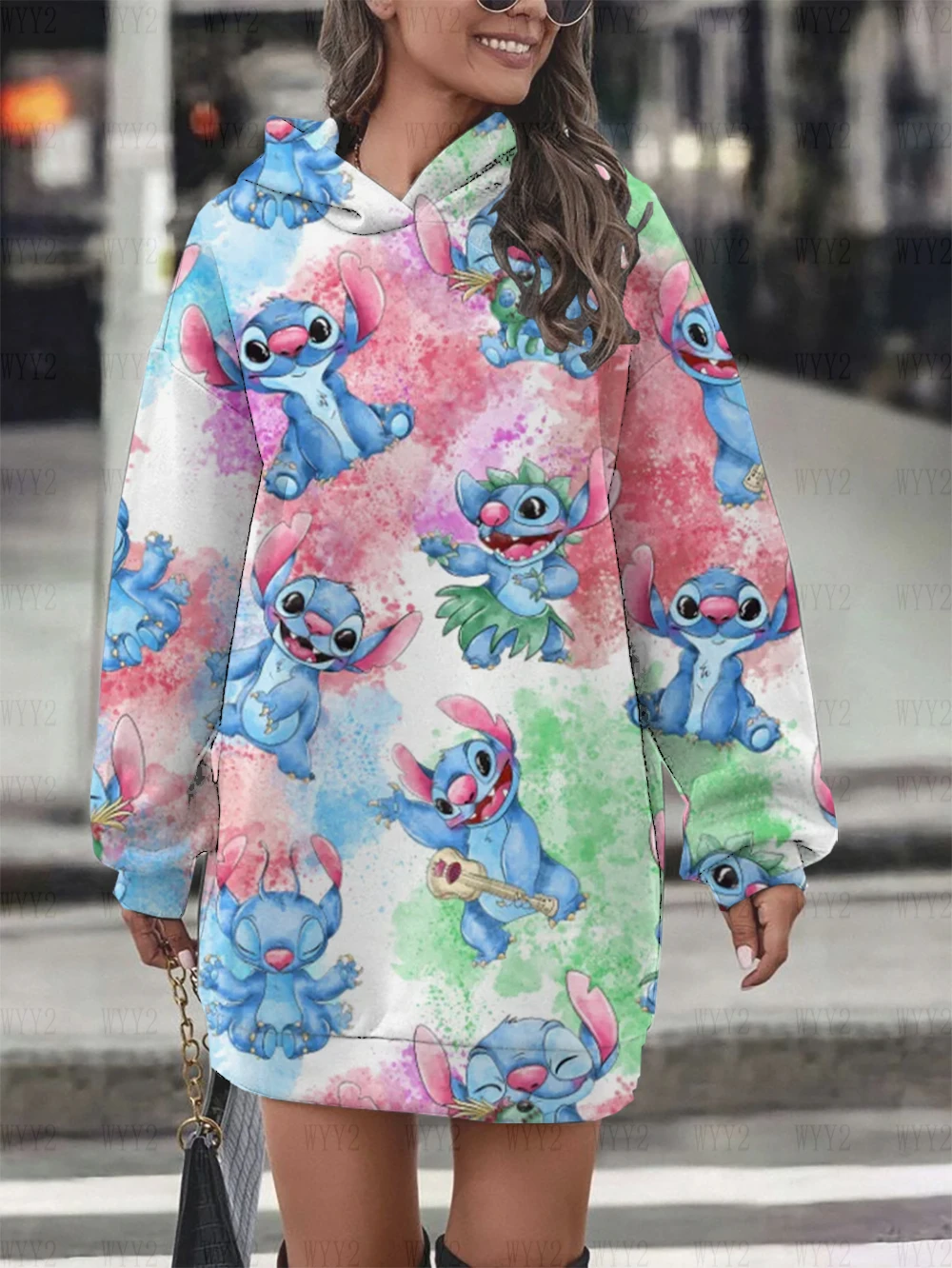 2024 new women's role play dress hoodie Disney Stitch print fashion comfortable simple autumn and winter hooded skirt