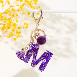 Cute Purple Initial Letter Keychains Small fur ball with tassel keychain Resin Letter Charms for Women's Backpacks accessories