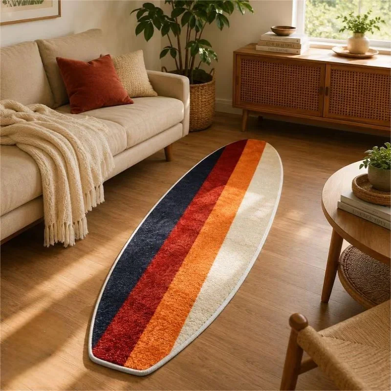 VIKAMA Surfboard Shaped Octopus Wave Pattern Rug Soft Non Slip Living Room Bedroom Floor Mat Coastal Home Decor