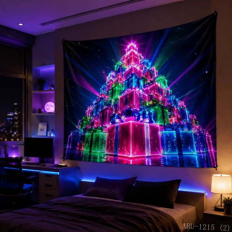 VIKAMA Neon Rainbow Gift Box Pyramid Tree Radiant Light Starry Present Christmas Tapestry Bedroom Living Room Dorm Home Decor