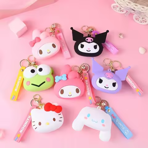 Kawaii HelloKitty Coin Purse with Keychain Sanrio Cartoon Hanging Ornaments Mini Storage Pouch for Earbuds Cute Anime Gift Idea