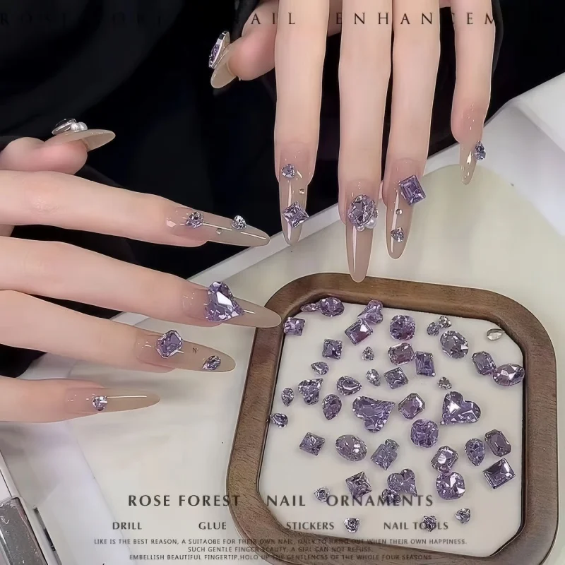 20/50pcs Nail Art Light Purple Sparkling Crystal Glass Diamond Violet Pointed Bottom Bare Rhinestone Gem Nail Accessories Charms