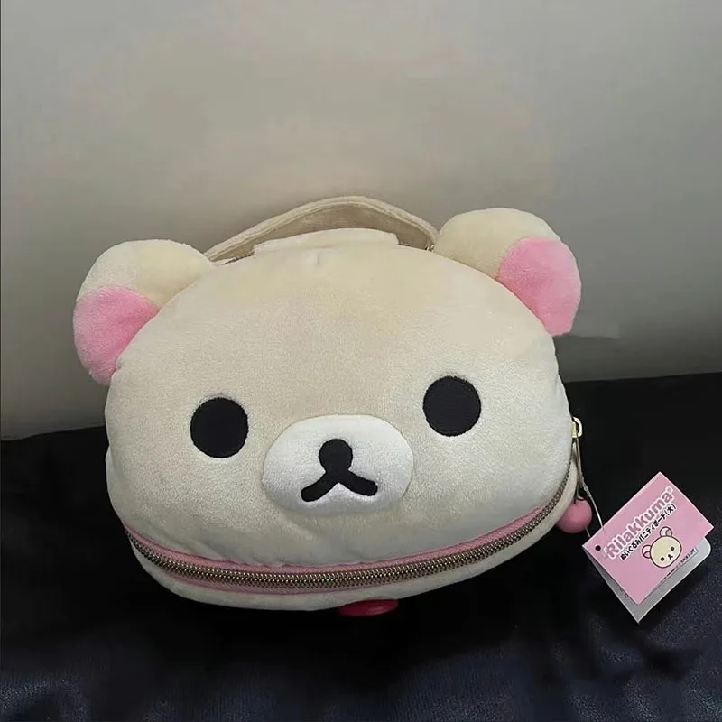 2025 New Kawaii Cute Rilakkuma Wash Bag Plush Oval Three-Dimensional Makeup Bag Portable Storage Bag Cartoon Girls Birthday Gift