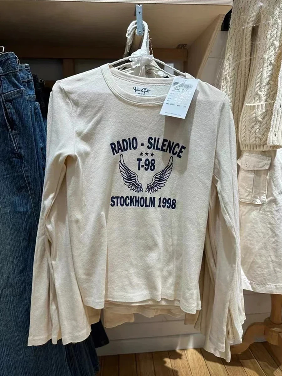 رسالة الجناح طباعة تي شيرت المرأة الخريف جديد س الرقبة القطن سليم كم طويل تيز الشارع الشهير شيك بسيط Vintage القمم الملابس