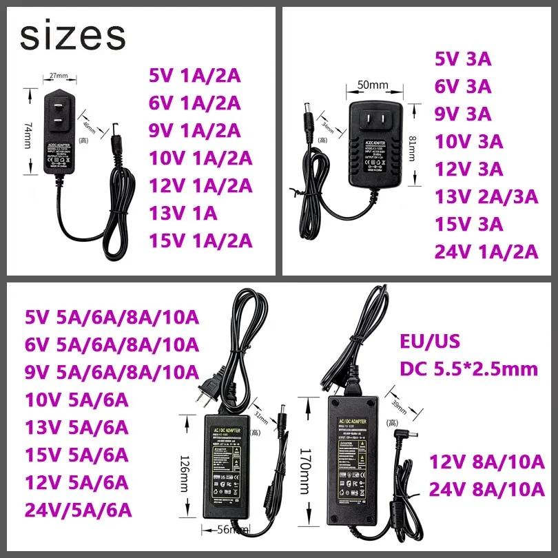 DC 5V 12V 24V Power Supply Adapter AC110-240V 1A 2A 3A 5A 6A 8A 10A 3V 6V EU US UK AU Universa Power Adapter for LED light strip