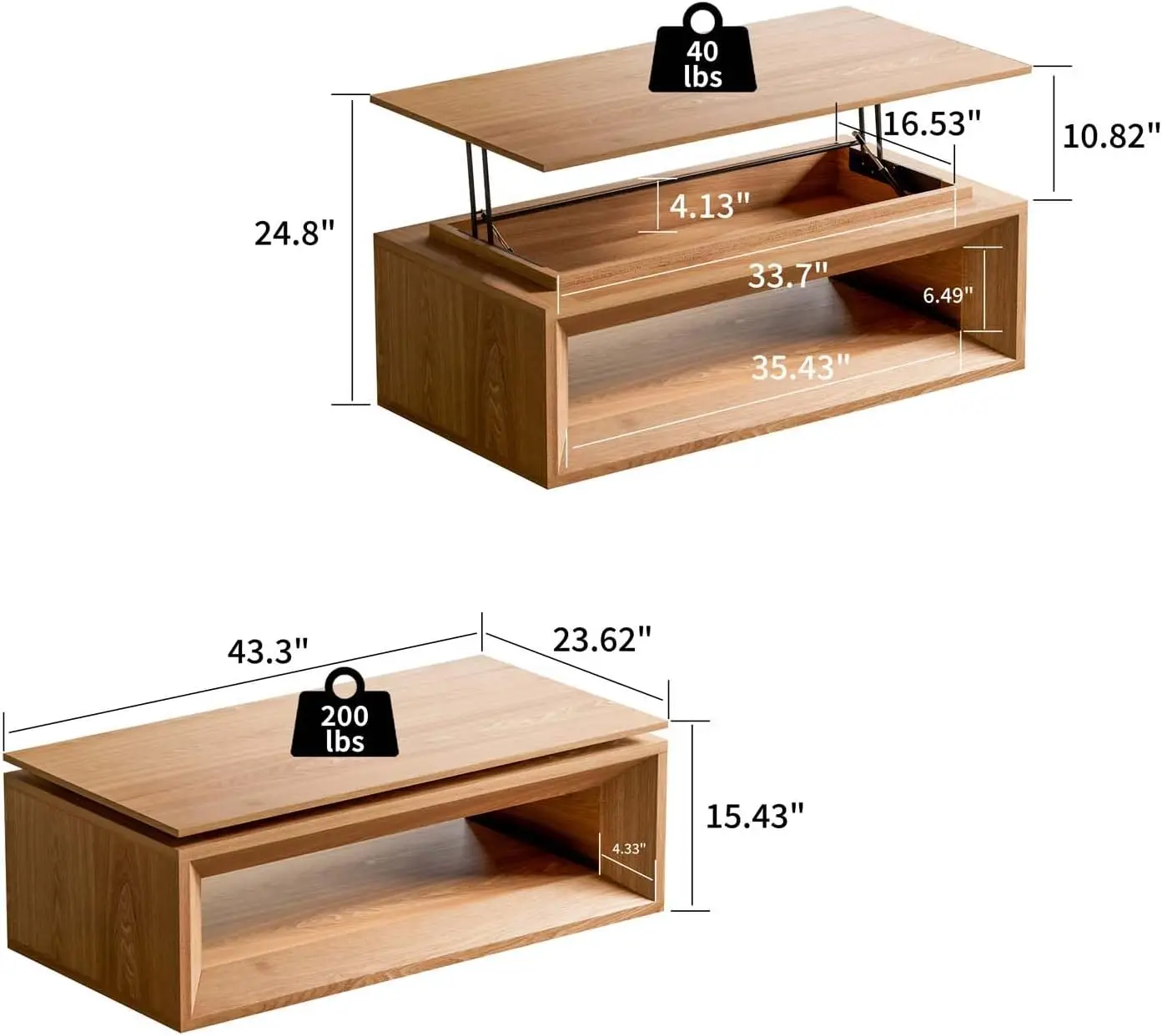 43.3'' Rectangle Lift Top Coffee Table with Storage & Adjustable Height | Mid Century Modern Center Table Accent Tea Table or Li