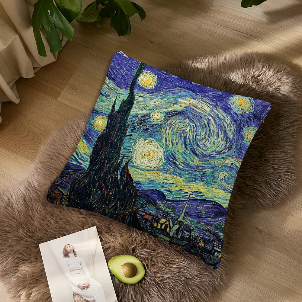 Van Gogh Oil Painting Print Art Pillow Case Sofa Living Room Bedroom Headboard Backrest Cushion Square Cushion Nap Time