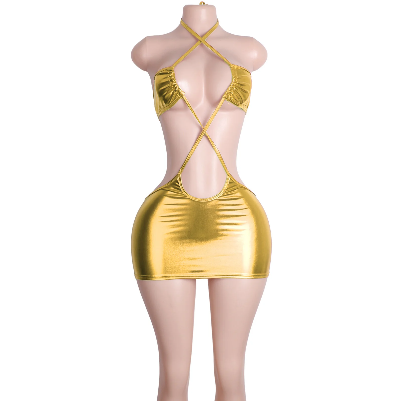 

Exotic Dancewear Cross Strap Patent Leather Bodysuit Sexy Clubwear Lingerie Adjustable Performance Outfit with Rope Set