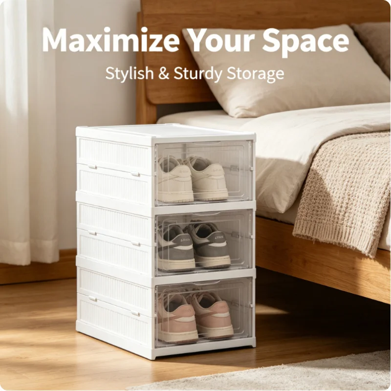 

3 Layers Foldable Drawer Shoe Box Transparent Stackable Large Capacity Storage Rack No Installation for Home Closet