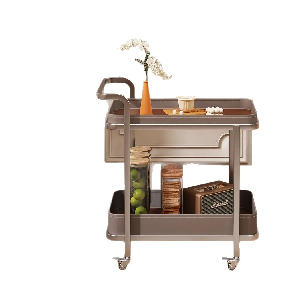 #@Light Luxury Saddle Leather Trolley Coffee Table Movable Wheeled Side Table for Bedside or Living Room Sofa Table Storage Rack