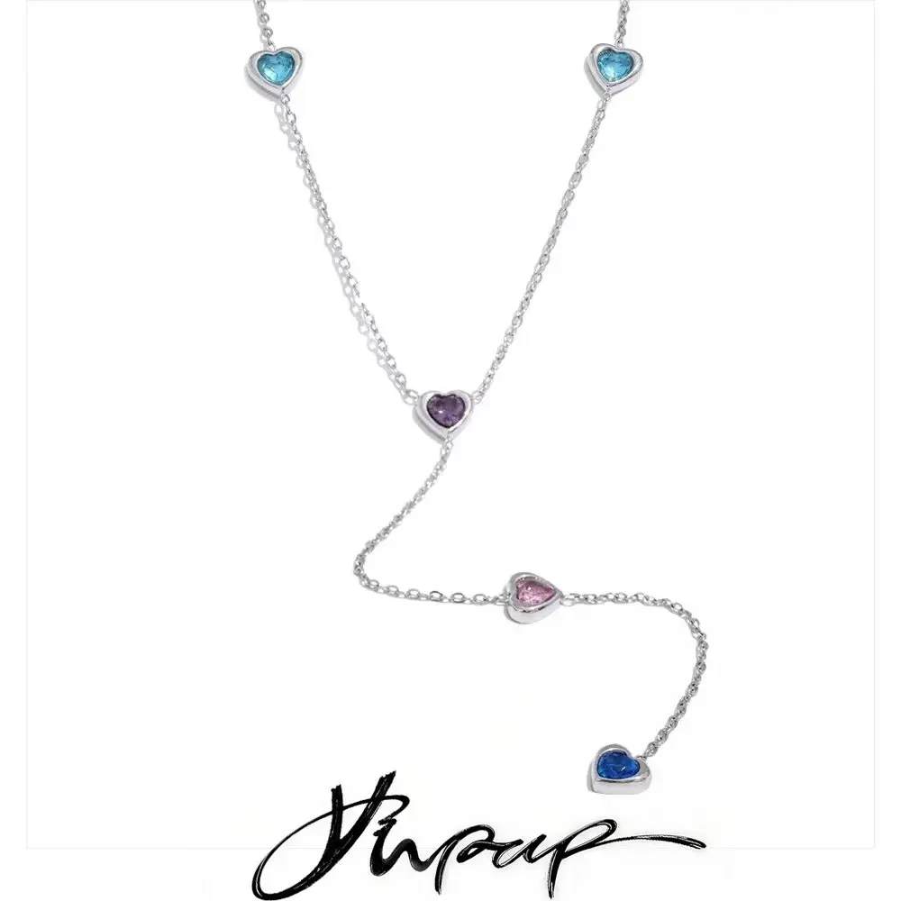 Yhpup Delicate Colorful Cubic Zirconia Heart Chain Chic Stainless Steel Daily Bib Necklace Luxury Fashion Jewelry Party Gift