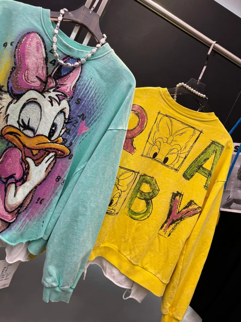 2025 Autumn New Heavy Sequin Cartoon Y2k Sweatshirt For Women's Loose Versatile Fake Two-Piece Pullover Hoodies Jacket Outerwear