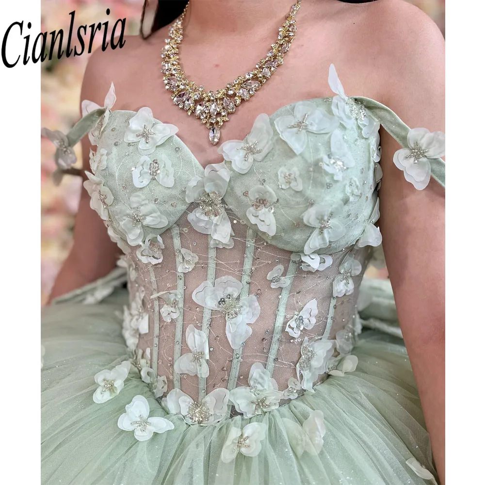 Vestido verde menta De princesa para quinceañera, traje De baile con hombros descubiertos, apliques dorados, corsé dulce, 15 Años