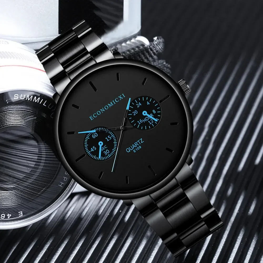 Men's Fashion Trend Casual Three Eyes Digital Blue Needle Steel Band Quartz Watch To Husband Friends Christmas Birthday Gift